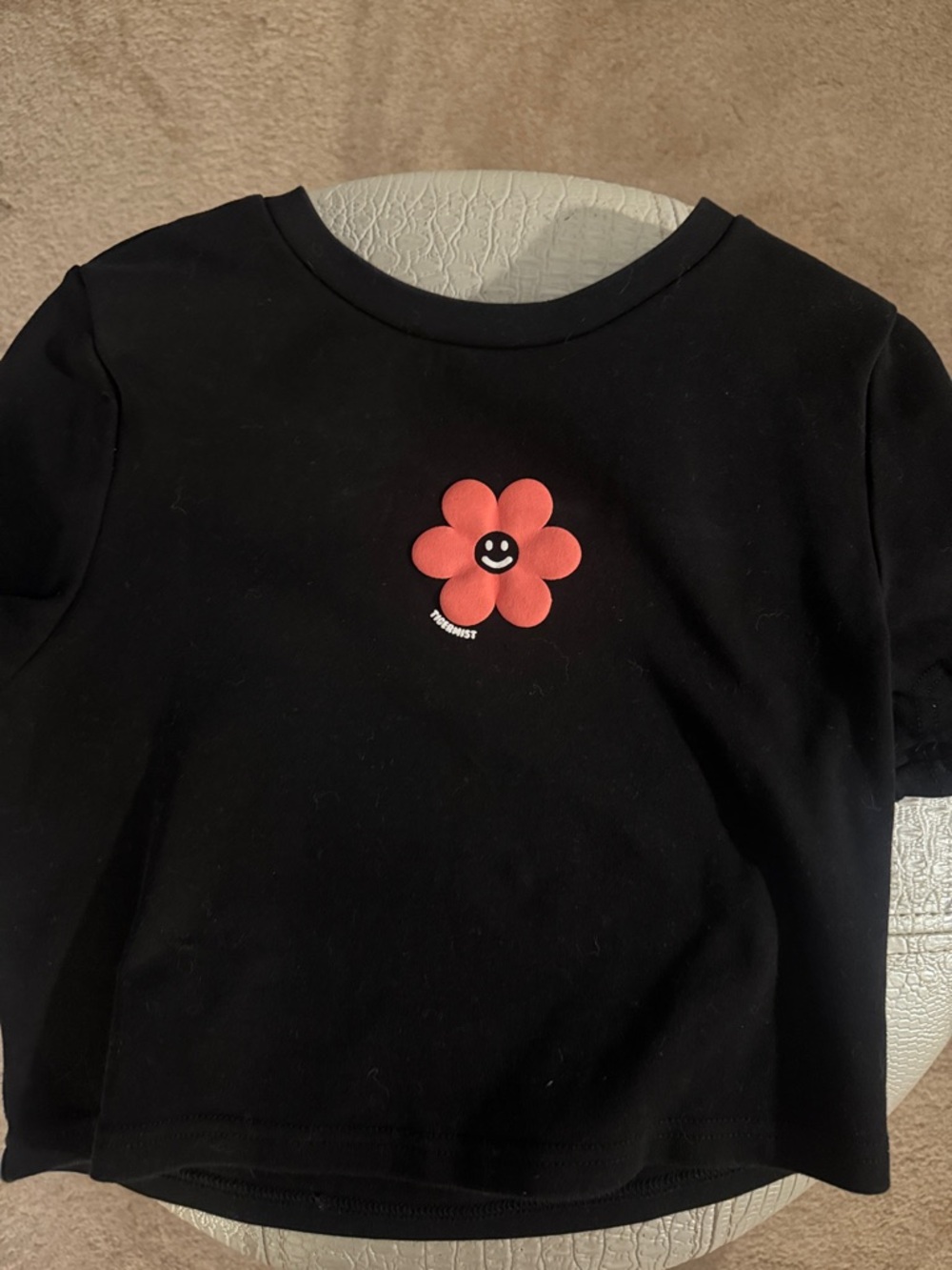 Tiger Mist Black Tee with Red Smiley Flower Graphic